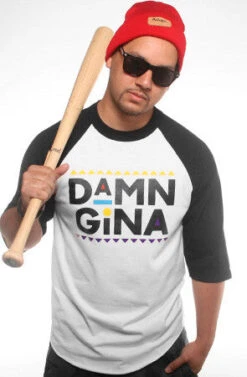 Damn Gina (Men's White/Black Raglan Tee)(Damn Gina Mens White Black Raglan Tee)
